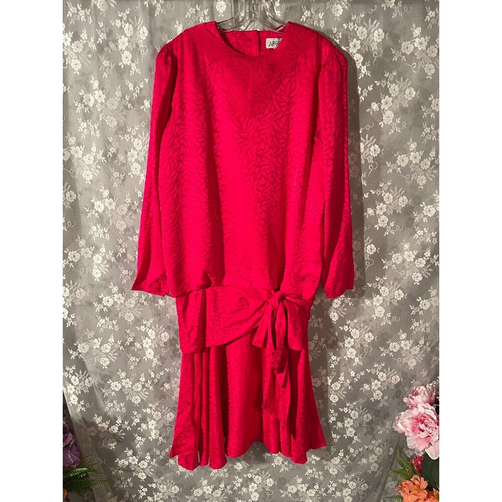 Vintage 80s Argenti Hot Pink Silk Jacquard Drop Waist Cocktail Dress Bow Size L